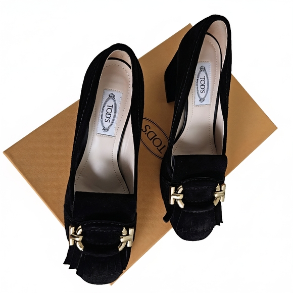 Tod’s Black Suede Block Heel Pumps with Gold Detail – Size US 6.5,  NWOT - Picture 7 of 8
